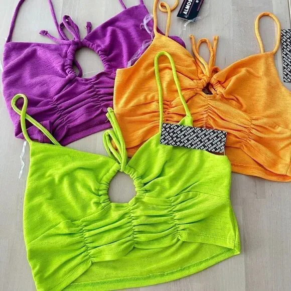 NWT Crop Top Bundle Womens Large Summer Neon Color Cut Out Slinky Fabric 3 Piece - Picture 3 of 7